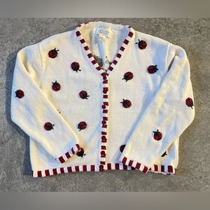 Vintage hand embroidered ladybug cardigan sweater, women's large